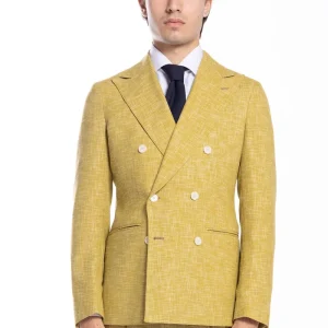 Giacca uomo doppiopetto gialla effetto melange misto lana e cotone Bristol Tessuti Napoli rever a lancia