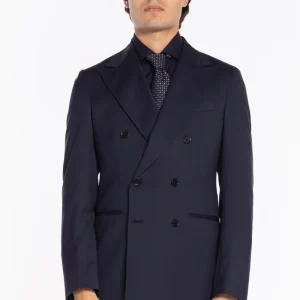 Giacca uomo doppiopetto blu scuro fresco lana super 130’s Bristol Tessuti Napoli rever a lancia