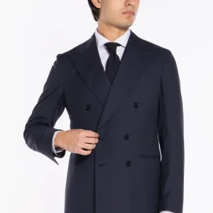 Giacca uomo doppiopetto blu pied de poule in fresco lana super 120’s Holland & Sherry rever a lancia larga