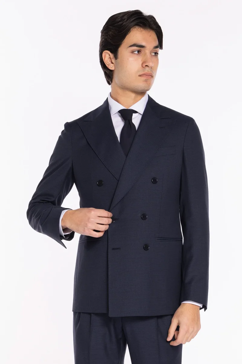 Abito uomo doppiopetto blu pied de poule in fresco lana super 120’s Holland & Sherry rever a lancia larga - immagine 3