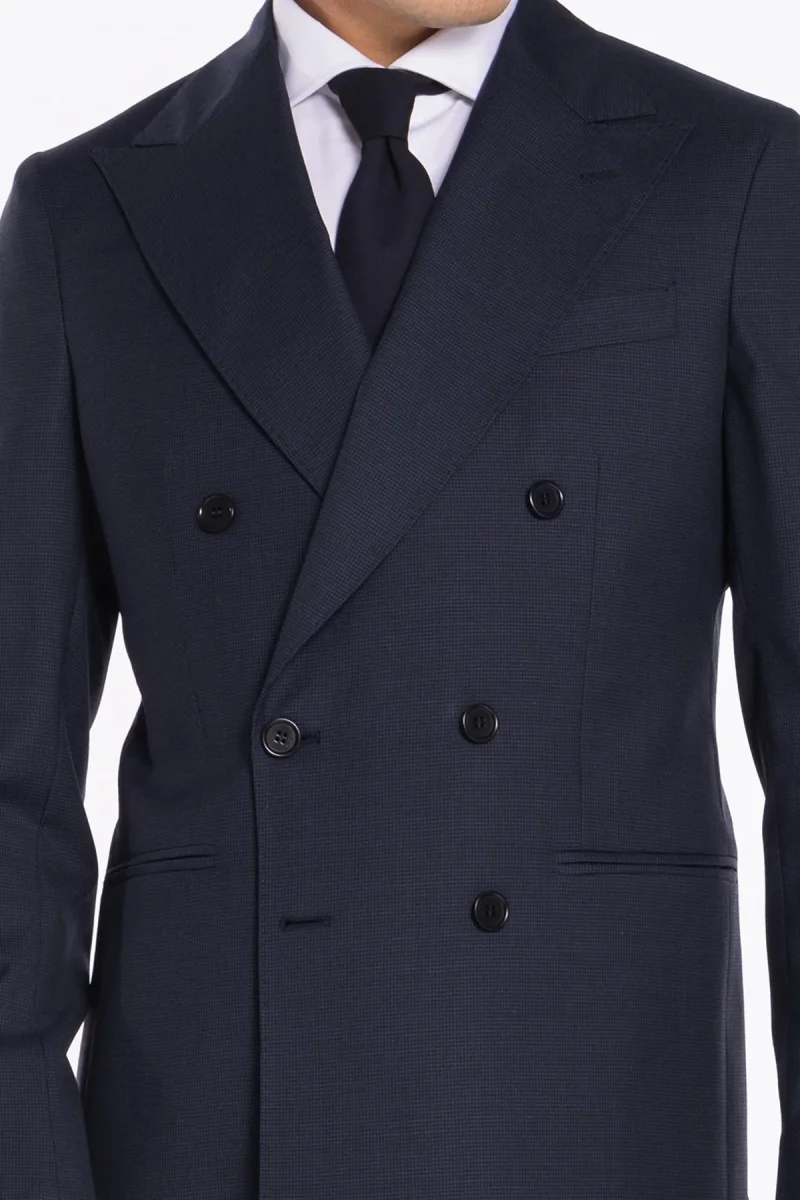 Abito uomo doppiopetto blu pied de poule in fresco lana super 120’s Holland & Sherry rever a lancia larga - immagine 8