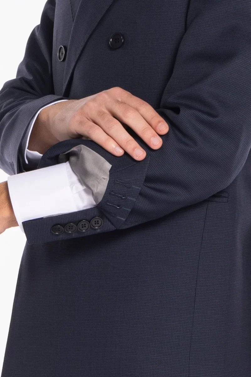 Abito uomo doppiopetto blu pied de poule in fresco lana super 120’s Holland & Sherry rever a lancia larga - immagine 6