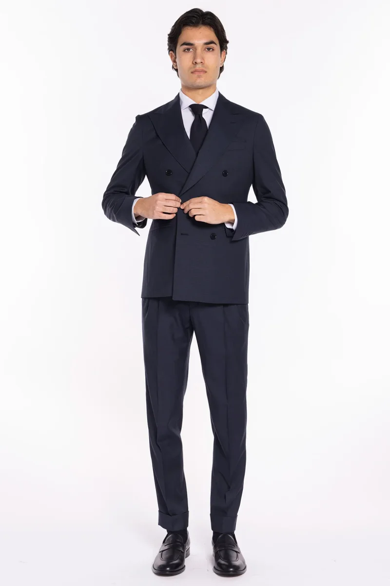 Abito uomo doppiopetto blu pied de poule in fresco lana super 120’s Holland & Sherry rever a lancia larga - immagine 9