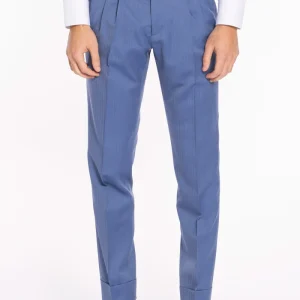 Pantalone uomo vita alta celeste Solaro fresco lana super 120’S e seta Holland & Sherry tasca con 2 pinces e risvolto 5cm