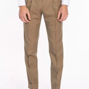 Pantalone uomo vita alta fango Solaro fresco lana super 120’S e seta Holland & Sherry tasca con 2 pinces e risvolto 5cm