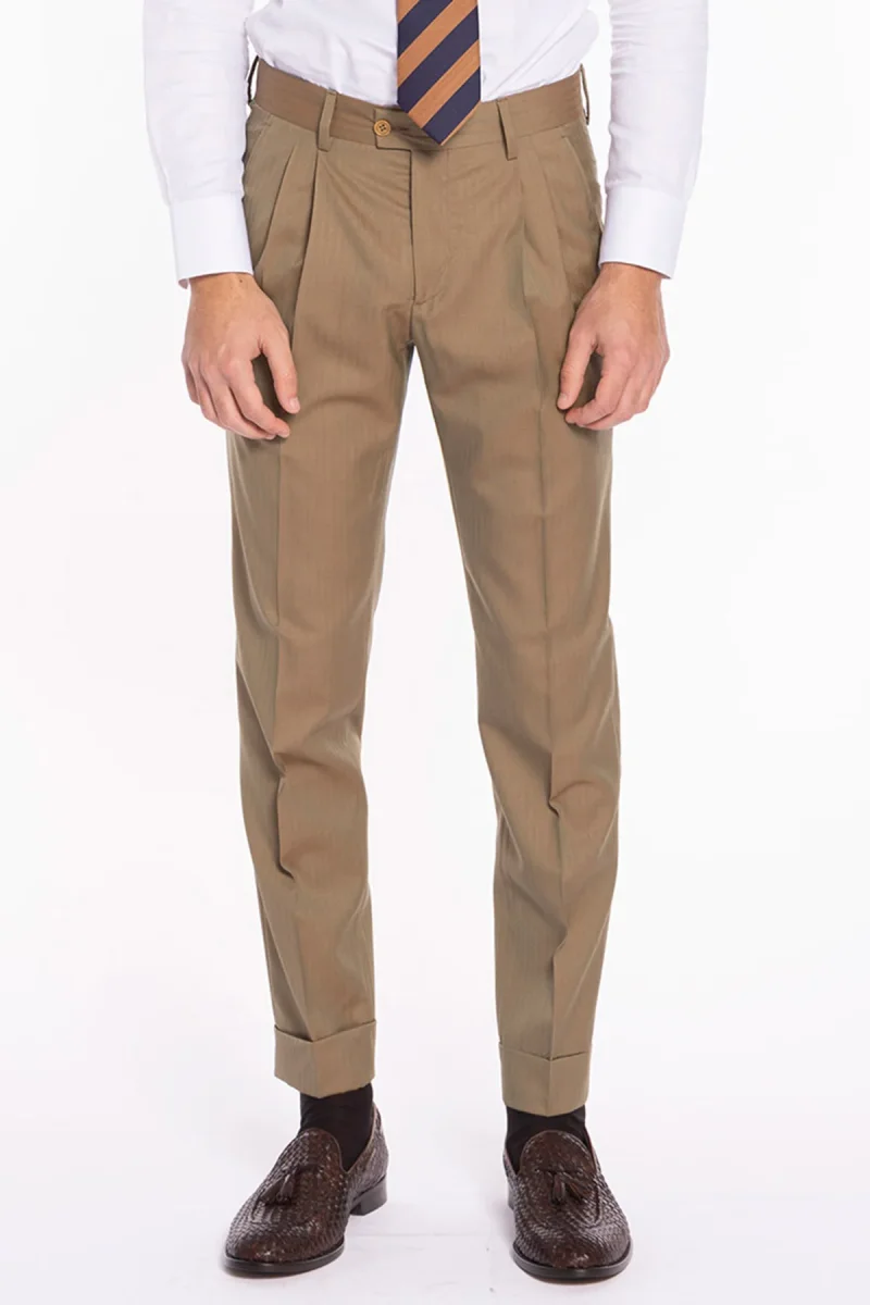 Pantalone uomo vita alta fango Solaro fresco lana super 120’S e seta Holland & Sherry tasca con 2 pinces e risvolto 5cm