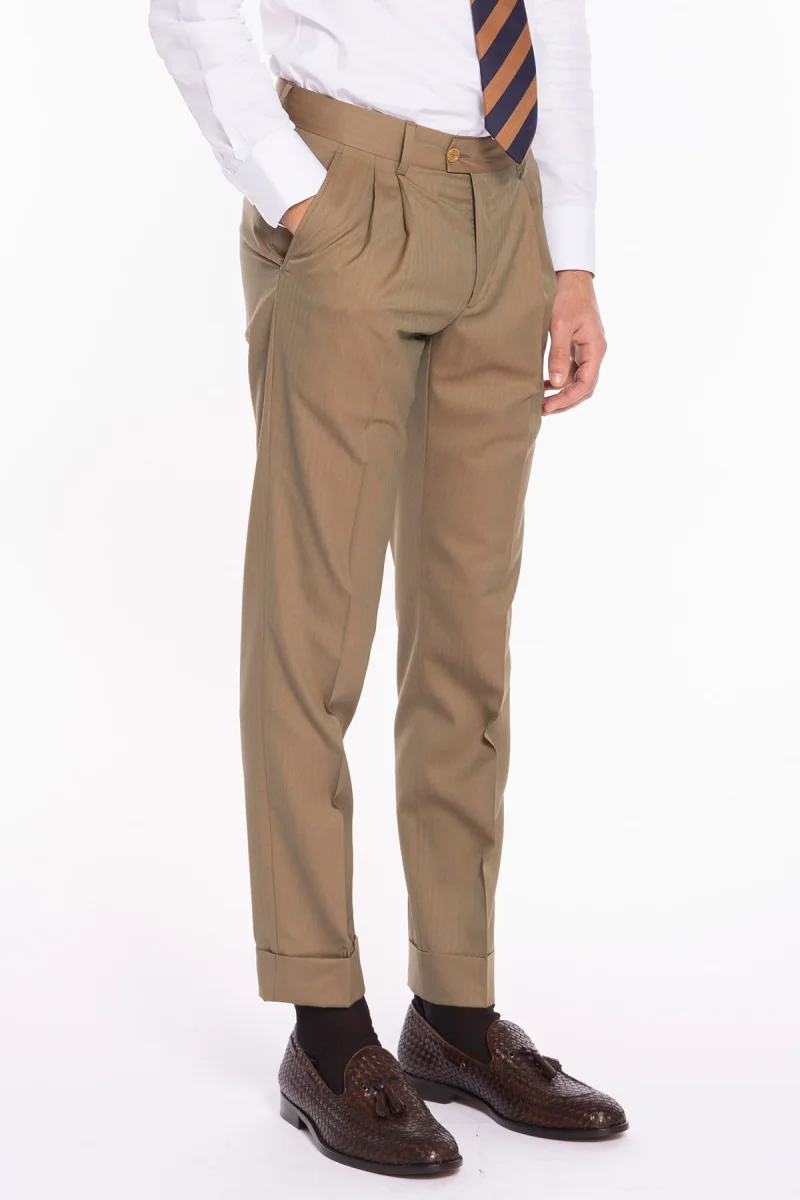 Pantalone uomo vita alta fango Solaro fresco lana super 120’S e seta Holland & Sherry tasca con 2 pinces e risvolto 5cm - immagine 4