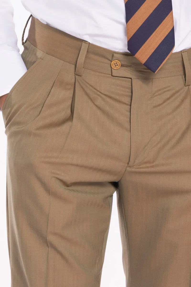 Pantalone uomo vita alta fango Solaro fresco lana super 120’S e seta Holland & Sherry tasca con 2 pinces e risvolto 5cm - immagine 6