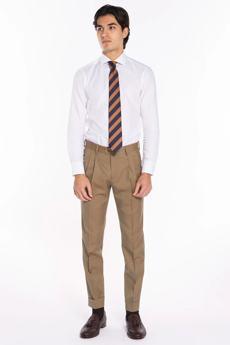 Pantalone uomo vita alta fango Solaro fresco lana super 120’S e seta Holland & Sherry tasca con 2 pinces e risvolto 5cm - immagine 3