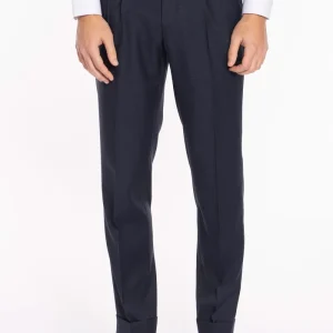 Pantalone uomo blu pied de poule vita alta Con 2 pinces in fresco lana super 120’s  Holland & Sherry risvolto 5cm
