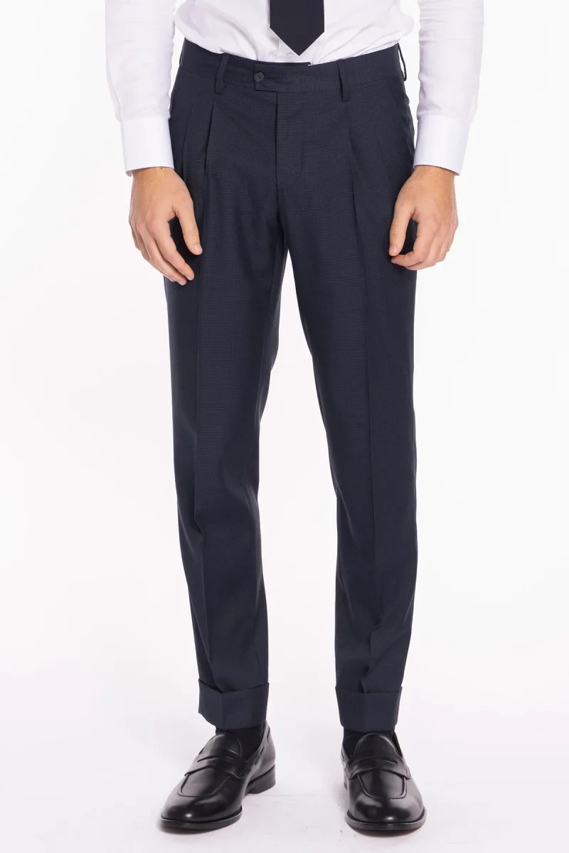Pantalone uomo blu pied de poule vita alta Con 2 pinces in fresco lana super 120’s Holland & Sherry risvolto 5cm