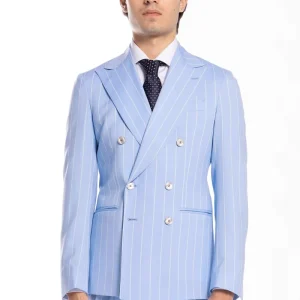 Giacca uomo doppiopetto celeste gessata con riga bianca fresco lana super 130’s Bristol Tessuti Napoli rever a lancia