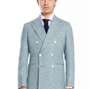 Giacca uomo doppiopetto verde tiffany effetto melange misto lana e cotone Bristol Tessuti Napoli rever a lancia