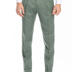 Pantalone uomo verde salvia in fresco lana super 130’s Bristol tessuti Napoli vita alta con fibbie laterali e doppia pinces