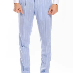 Pantalone uomo celeste gessato riga azzurra 100% fresco lana super 130’s vita alta con fibbie laterali Bristol tessuti Napoli e doppia pinces