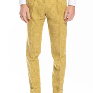 Pantalone uomo vita alta giallo effetto melange misto lana e cotone Bristol Tessuti Napoli  con fibbie laterali e doppia pinces