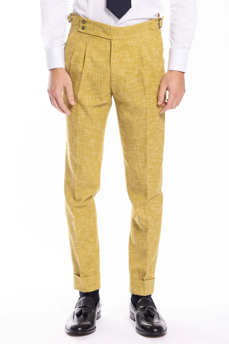 Pantalone uomo vita alta giallo effetto melange misto lana e cotone Bristol Tessuti Napoli con fibbie laterali e doppia pinces - immagine 2