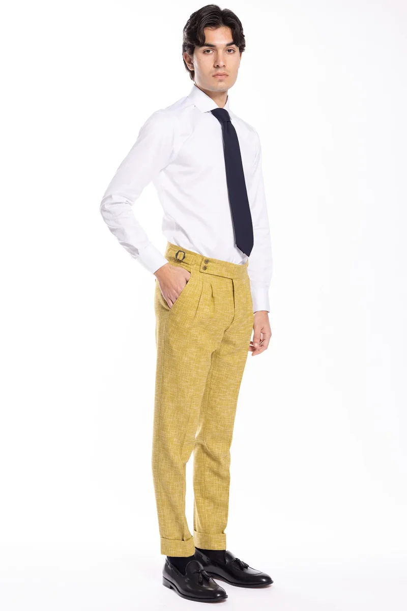 Pantalone uomo vita alta giallo effetto melange misto lana e cotone Bristol Tessuti Napoli con fibbie laterali e doppia pinces - immagine 3