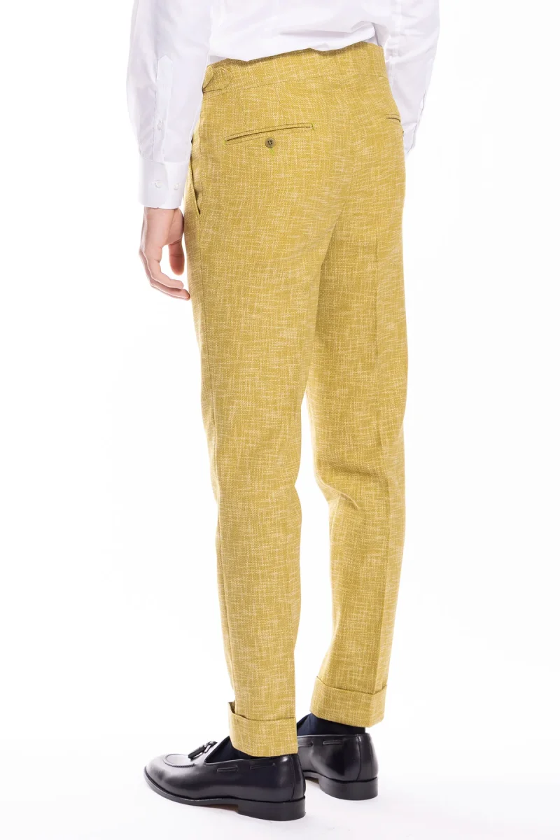 Pantalone uomo vita alta giallo effetto melange misto lana e cotone Bristol Tessuti Napoli con fibbie laterali e doppia pinces - immagine 5