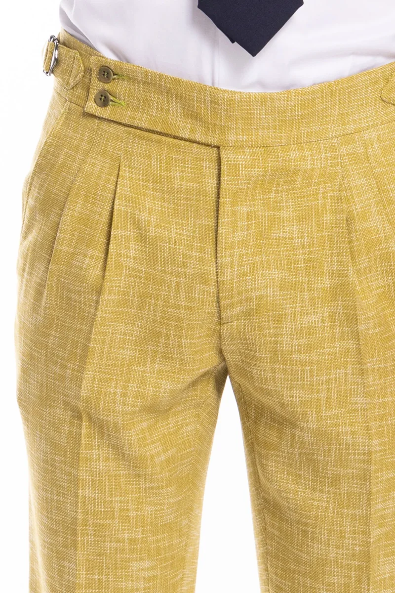 Pantalone uomo vita alta giallo effetto melange misto lana e cotone Bristol Tessuti Napoli con fibbie laterali e doppia pinces - immagine 6