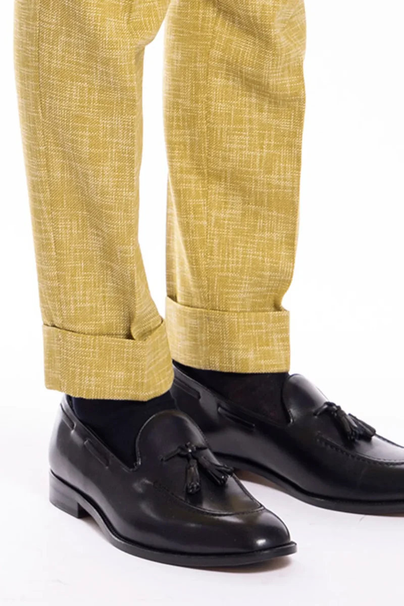 Pantalone uomo vita alta giallo effetto melange misto lana e cotone Bristol Tessuti Napoli con fibbie laterali e doppia pinces - immagine 7