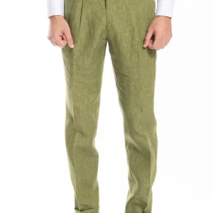 Pantalone uomo vita alta verde in lino 100%  Bristol Tessuti Napoli con doppia pinces e fibbie laterali