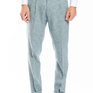 Pantalone uomo vita alta verde tiffany effetto melange misto lana e cotone Bristol Tessuti Napoli con fibbie laterali e doppia pinces .