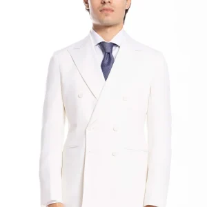 Giacca uomo doppiopetto bianca in fresco lana super 130’s Bristol Tessuti Napoli con rever a lancia largo tasche a filo