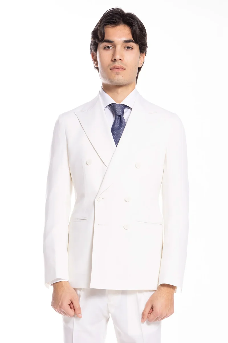 Abito uomo doppiopetto bianca in fresco lana super 130’s Bristol Tessuti Napoli con rever a lancia largo tasche a filo - immagine 3