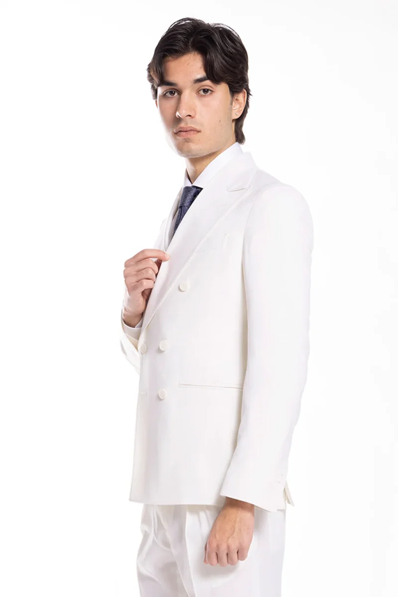 Abito uomo doppiopetto bianca in fresco lana super 130’s Bristol Tessuti Napoli con rever a lancia largo tasche a filo - immagine 6