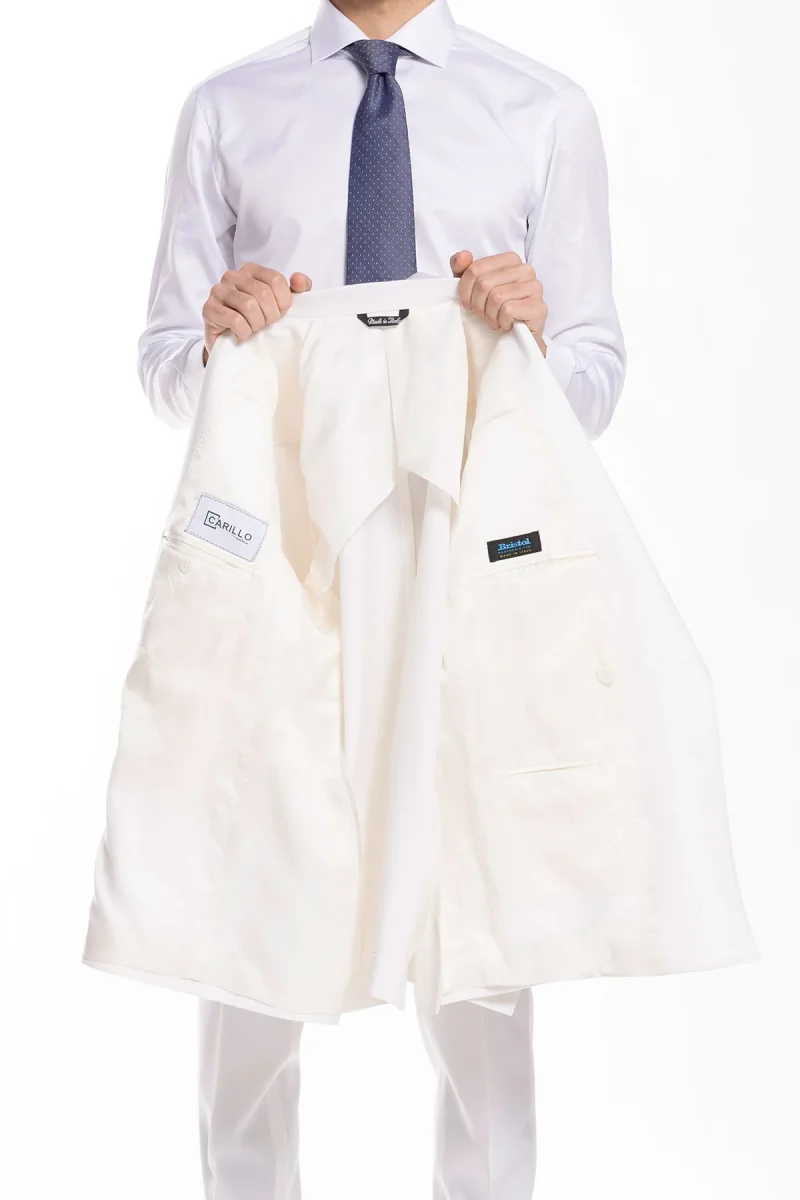 Abito uomo doppiopetto bianca in fresco lana super 130’s Bristol Tessuti Napoli con rever a lancia largo tasche a filo - immagine 5