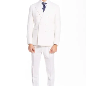 Abito uomo doppiopetto bianca in fresco lana super 130’s Bristol Tessuti Napoli con rever a lancia largo tasche a filo