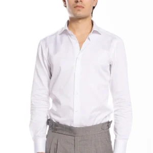 Camicia Uomo slim Fit bianca 100% cotone Tinta unita collo semi francese mileta Tessuti