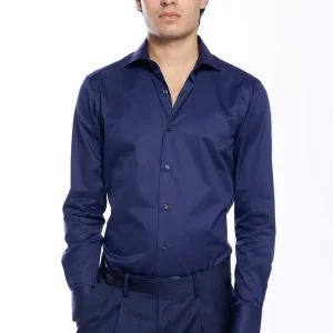 Camicia Uomo slim Fit blu 100% cotone Tinta unita collo semi francese mileta Tessuti