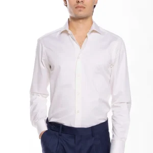Camicia Uomo slim Fit panna 100% cotone Tinta unita collo semi francese mileta Tessuti