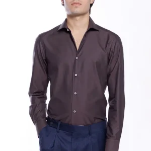 Camicia Uomo slim Fit marrone 100% cotone Tinta unita collo semi francese mileta Tessuti