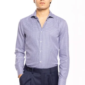Camicia Uomo slim Fit blu pied poule 100% cotone Tinta unita collo semi francese mileta Tessuti