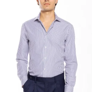 Camicia Uomo slim Fit riga blu stretta 100% cotone collo semi francese mileta Tessuti