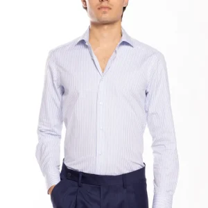 Camicia Uomo slim Fit riga celeste stretta 100% cotone collo semi francese mileta Tessuti