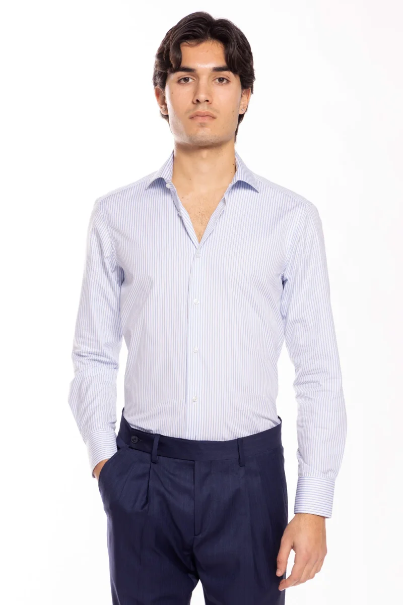 Camicia Uomo slim Fit riga celeste stretta 100% cotone collo semi francese mileta Tessuti - immagine 2