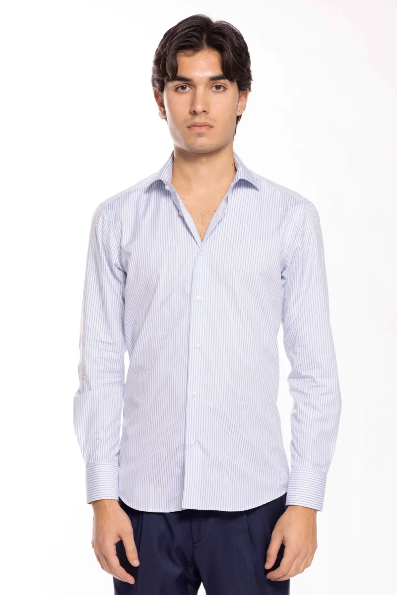 Camicia Uomo slim Fit riga celeste stretta 100% cotone collo semi francese mileta Tessuti - immagine 3