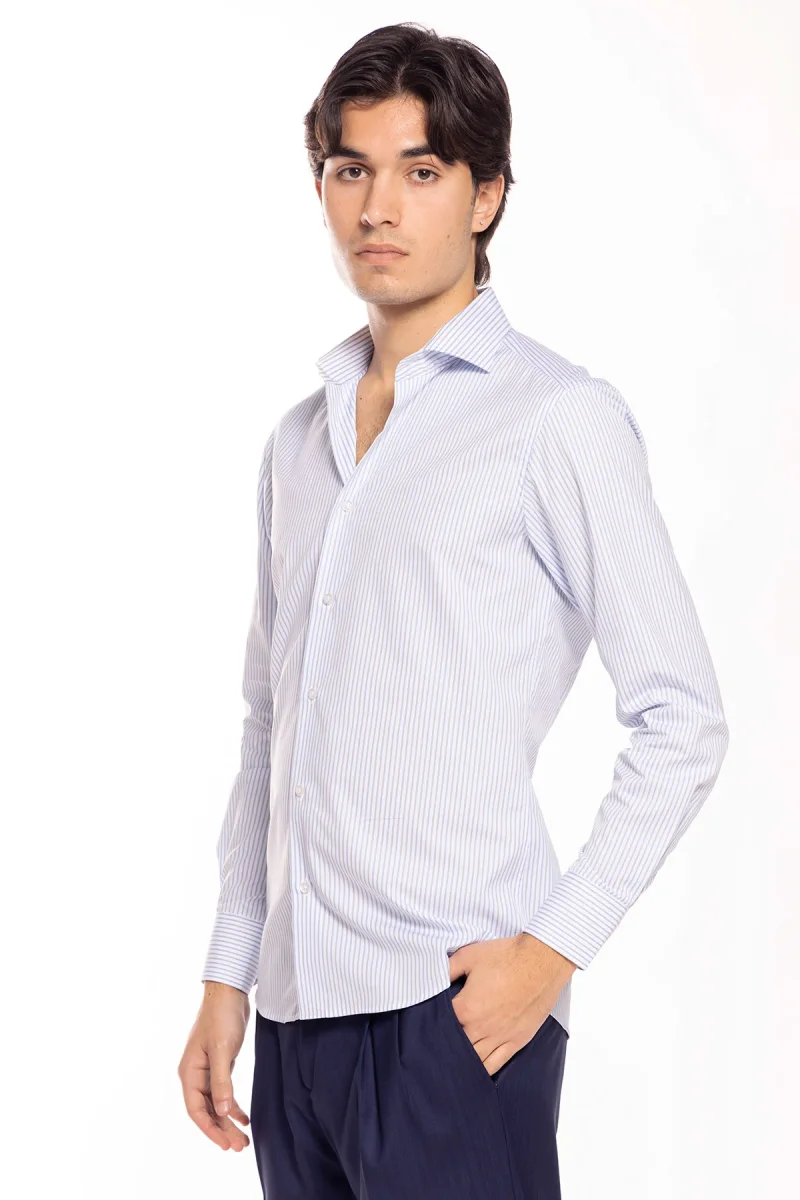 Camicia Uomo slim Fit riga celeste stretta 100% cotone collo semi francese mileta Tessuti - immagine 4