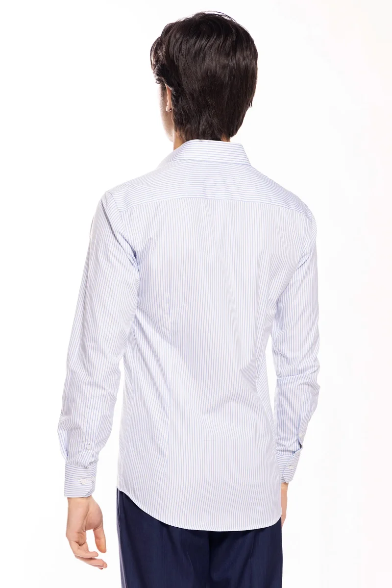 Camicia Uomo slim Fit riga celeste stretta 100% cotone collo semi francese mileta Tessuti - immagine 5