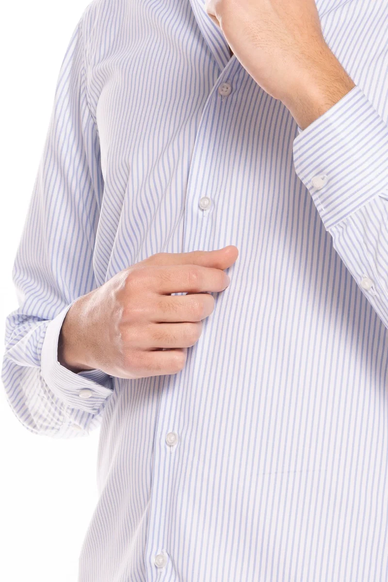 Camicia Uomo slim Fit riga celeste stretta 100% cotone collo semi francese mileta Tessuti - immagine 6