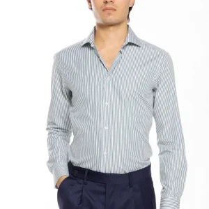 Camicia Uomo slim Fit riga verde stretta 100% cotone collo semi francese mileta Tessuti