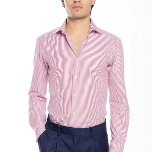 Camicia Uomo slim Fit riga rossa stretta 100% cotone collo semi francese mileta Tessuti