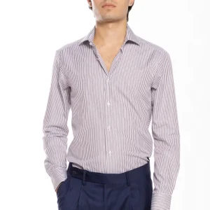 Camicia Uomo slim Fit riga marrone stretta 100% cotone collo semi francese mileta Tessuti