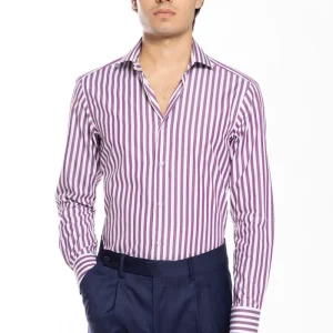 Camicia Uomo slim Fit riga viola larga 100% cotone collo semi francese mileta Tessuti