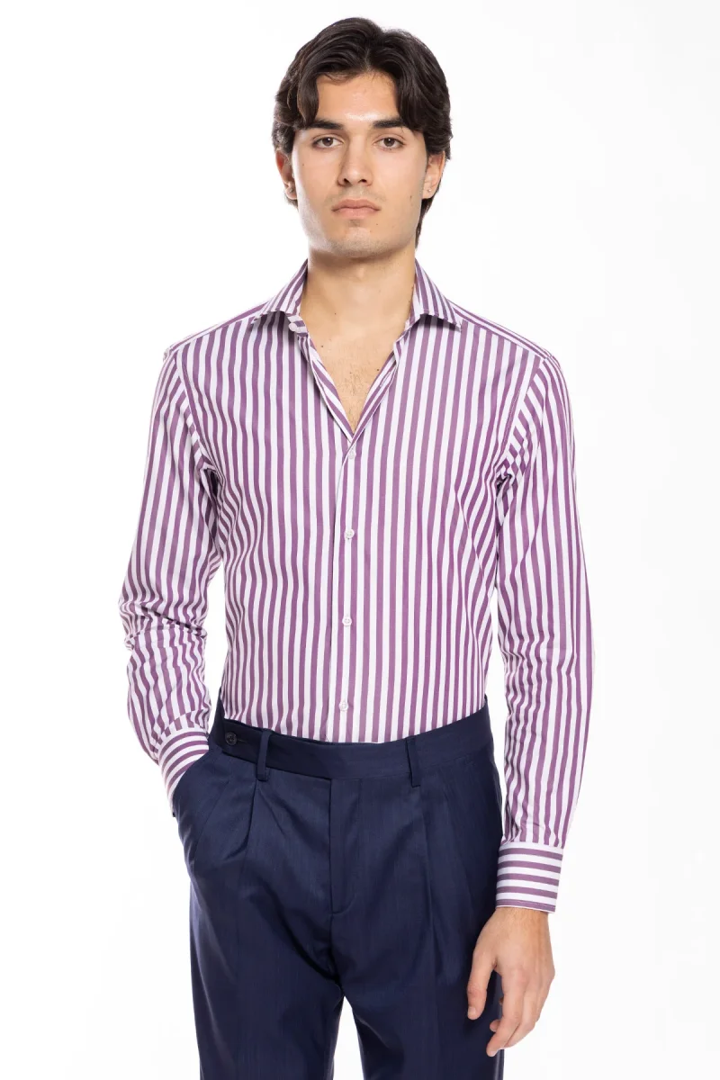 Camicia Uomo slim Fit riga viola larga 100% cotone collo semi francese mileta Tessuti - immagine 2