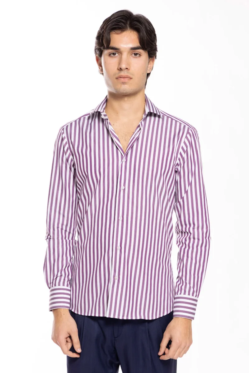 Camicia Uomo slim Fit riga viola larga 100% cotone collo semi francese mileta Tessuti - immagine 3